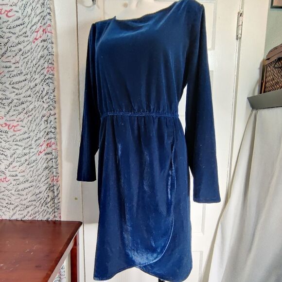 Velvet Faux Wrap Dress Navy Blue Vintage J Crew Tulip Hem Long Sleeve Midi Sz 14 - Picture 2 of 9